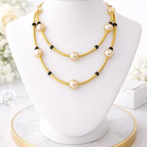 Gold Tone & Faux Pearl Double Strand Costume Necklace